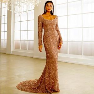 New Rose Gold Sequin Evening Ball Gown Dress XL